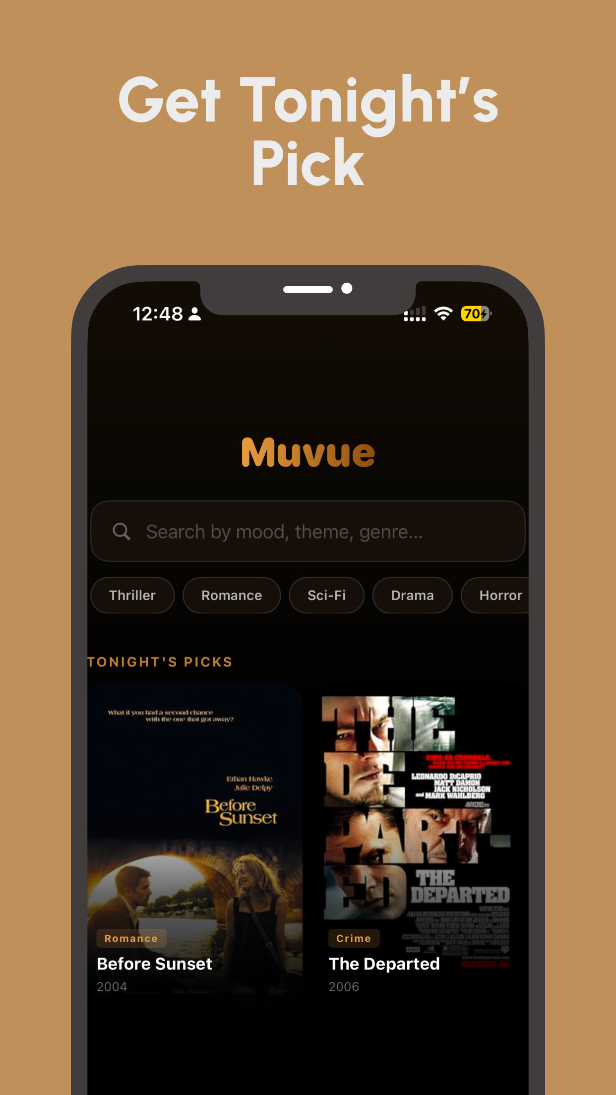 Muvue home screen with Tonight's Picks